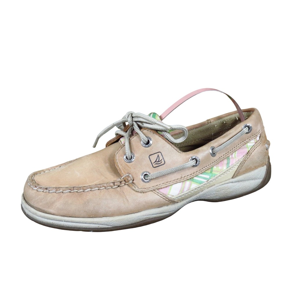 Sperry Bluefish Women Boat‎ Shoe 6.5 Nautical Tan Plaid Leather Textile Loafer